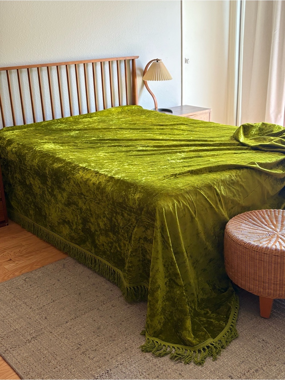 Vintage MCM Bedspread Plush Velvet Bedspread in Olive Green with Fringe